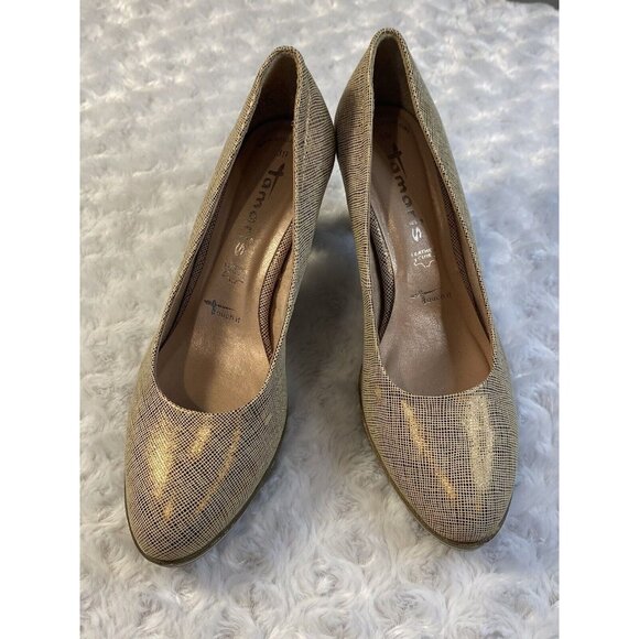 Tamaris Shoes - Tamaris Size 39 / 7.5 Gold Flecked Pump Wooden Heel Leather Comfort Soft Body